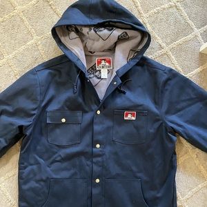 Men's Jacket Ben Davis Fleece Lined Hooded Jacket Snap Front Navy Blue